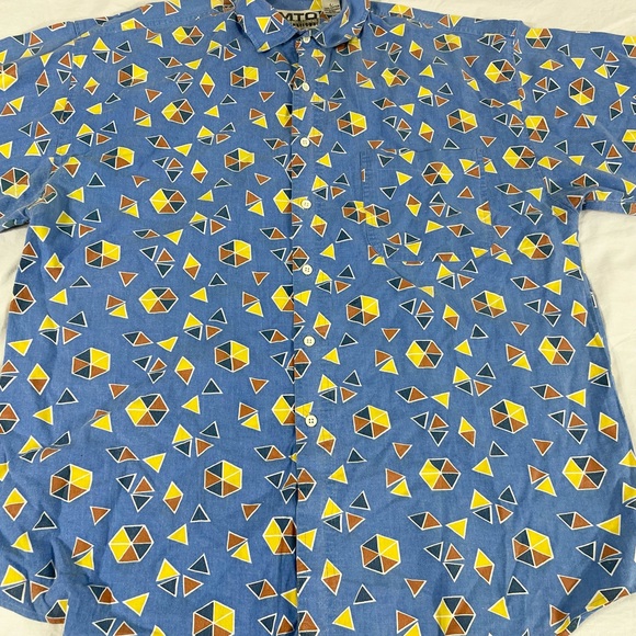 VTG MTO Mens Blue Geometríc Overprint Short Sleeve Button Up Size L - Picture 6 of 11